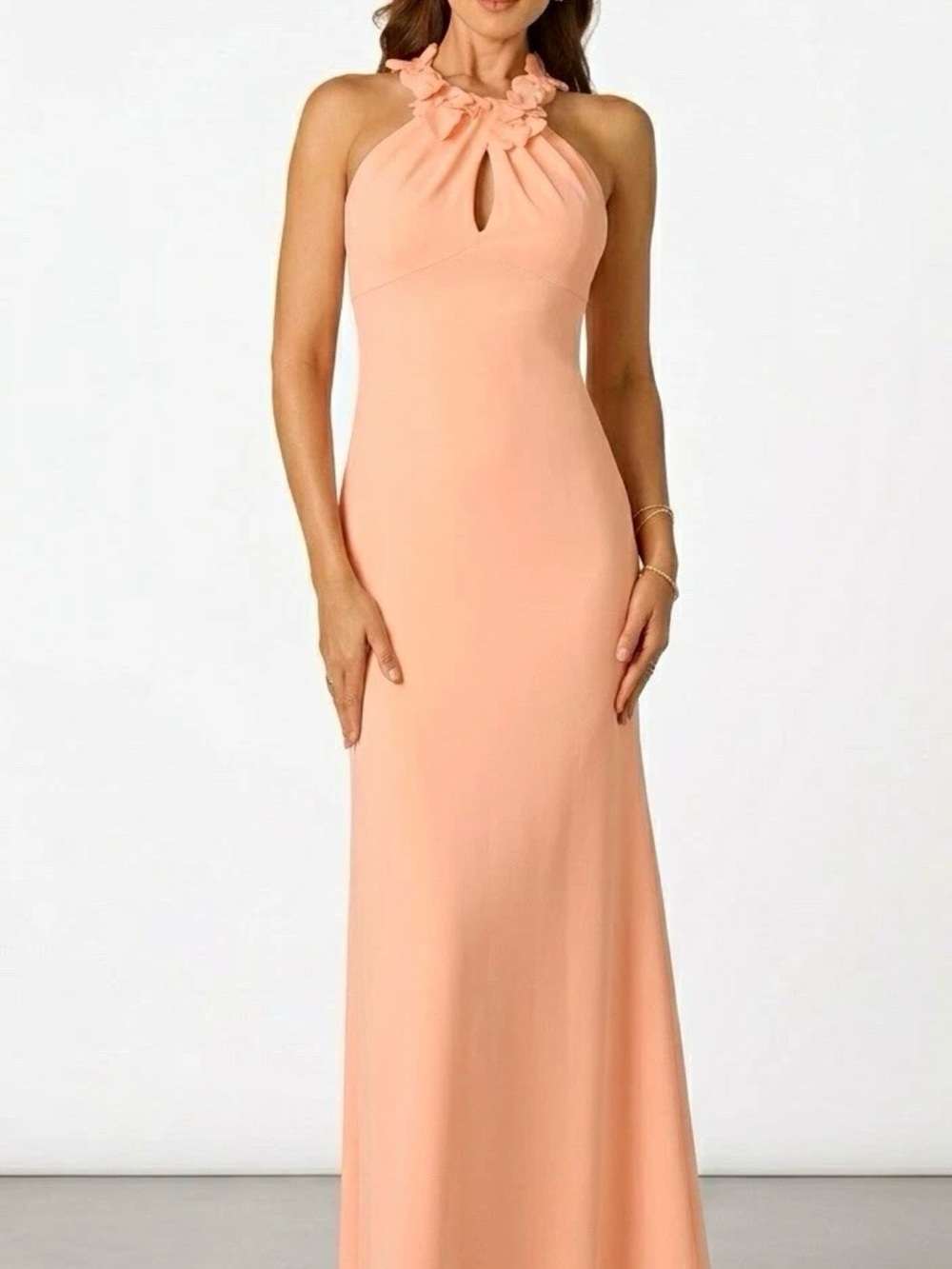 Adrianna Papell Peach Halter Maxi Dress with Floral Neckline